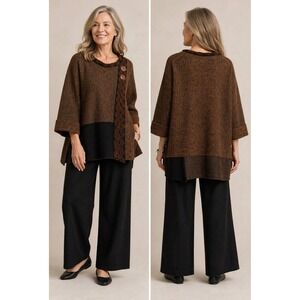 Ali Miles Brown mixed Textured Knit Top sweater Asymmetrical Button Art boho